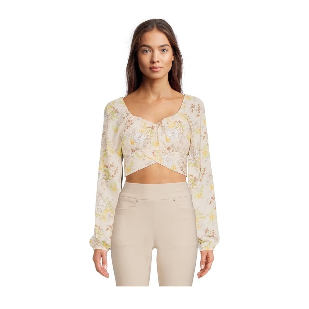 Madden NYC floral long sleeve sheer crop top with tie and built in bra XL - Picture 9 of 10